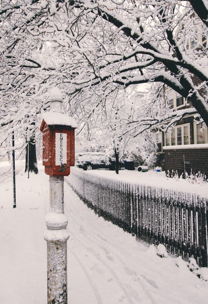 Heavy snowfall during a snowstorm.